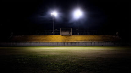 An empty soccer stadium at night, illuminated by bright floodlights. event key visuals, club posters, designed for sports event promotions and stadium branding, used by fitness trainers.
