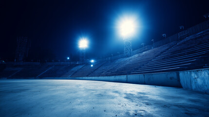 An empty soccer stadium at night, illuminated by bright floodlights. event key visuals, club posters, designed for sports event promotions and stadium branding, used by fitness trainers.
