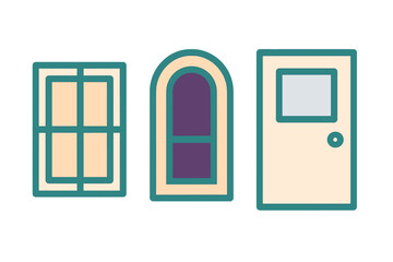 Set of three colorful architectural elements including a rectangular window, arched opening, and simple door design