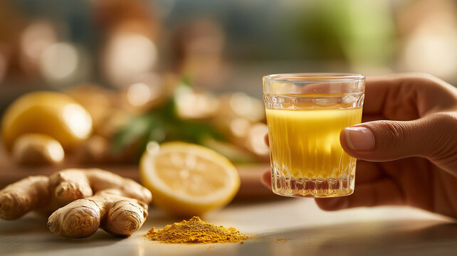 A hand holds a glass filled with a vibrant ginger shot, surrounded by fresh lemons and ginger Generative AI - Powered by Adobe