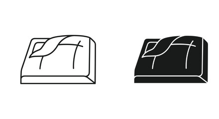 Folded blanket icon and solid pictogram on bed representing sleep, comfort, hotel, bedroom, and home textile graphics