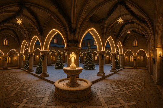 Medieval Monastery Courtyard with Christmas Trees and Golden Illuminated Gothic Arches