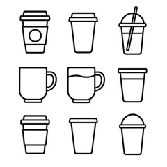 Collection of disposable coffee cups, reusable mugs, and cold beverage tumblers