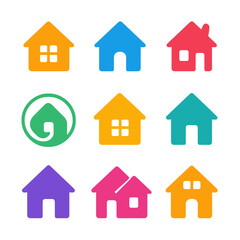 Fototapeta premium Colorful minimalist home shapes and residential building icons set for web interfaces