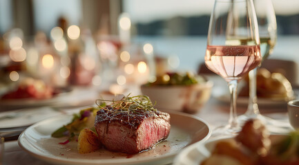 Perfectly grilled gourmet steak served with vegetables on elegant restaurant dining table.