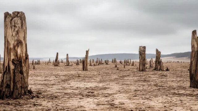 Barren Landscape with Rows of Dead Tree Stumps in Cracked Dry Earth Under Overcast Sky