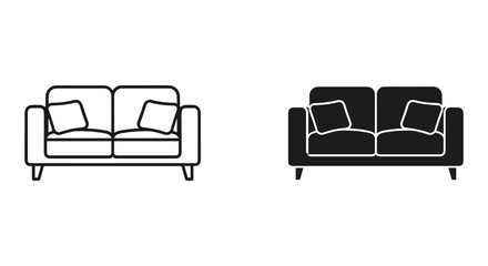 Modern two-seater sofa icons with cushions in minimalist black outline and solid silhouette design elements.