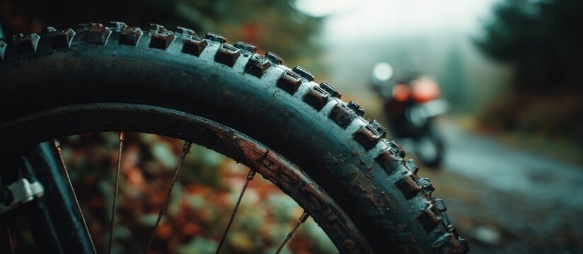 Close-up of a mountain bike tire on a misty forest road.