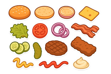 Isolated collection of burger ingredients: buns, patties, cheese, vegetables, and sauces