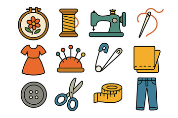 Vibrant collection of essential sewing and tailoring tools and equipment icons