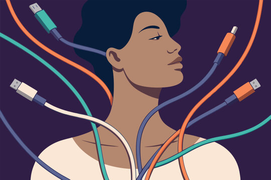 A person strangled by tangled smartphone charging cables, symbolizing digital overload and tech addiction.