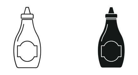 Condiment squeeze bottle icon set: outline and solid black versions for food and kitchen designs, vector