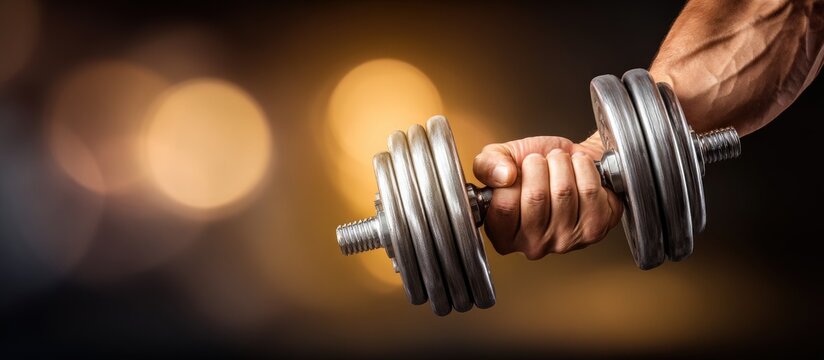 Close-up of a muscular arm holding a heavy dumbbell.