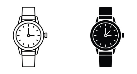 Outline and solid black icon design of a classic analog wristwatch, representing time management, punctuality, deadline, schedule