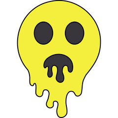 Melting Yellow Smiley Face Icon with Sad Expression and Dripping Effect on White Background