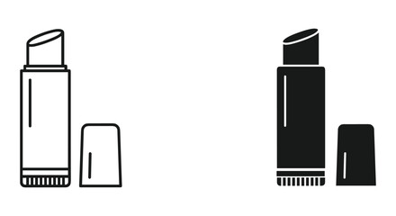 Lipstick or lip balm container icon set, open tube with separate cap, outline and solid black versions, vector graphic