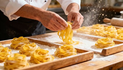 Chef preparing fresh pasta by hand, skillfully twisting strands into nests on a wooden surface, surrounded by flour and kitchen tools, showcasing culinary artistry and tradition