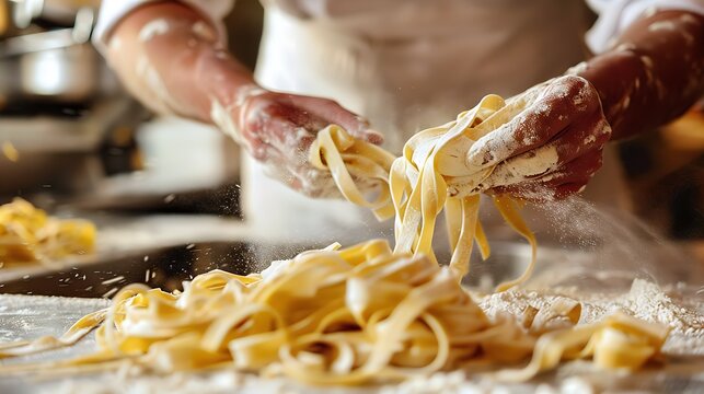 Chef preparing fresh pasta by hand, with flour-dusted countertop and kitchen tools in the background, showcasing culinary skills and passion for traditional cooking