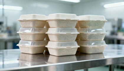 Stack of eco-friendly food containers made from biodegradable materials on a stainless steel countertop in a commercial kitchen, showcasing sustainable packaging solutions for food service