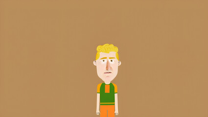 A cartoon character with blond hair and freckles wearing a green and orange shirt with an orange collar against a brown background, Generative AI