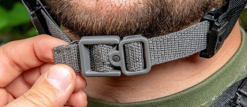 Close-up of a person adjusting a helmet strap buckle.