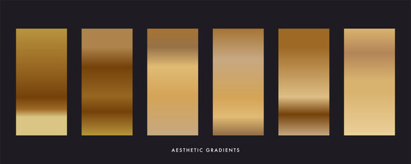 Gold gradient swatches with polished metal and holographic textures. A set of warm brown foil backgrounds. Shiny satin and soft honey gold gradients for premium design and elegant decor