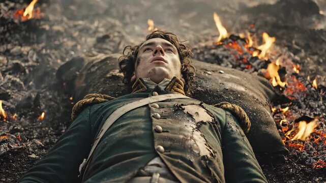 A powerful character rests on scorched earth amidst rising flames and smoke, evoking a sense of struggle and determination in the heat of battle. Emotion fills the air, and hope flickers.