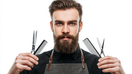 Barber stands proudly holding scissors and comb, ready to create stylish looks for clients Generative AI