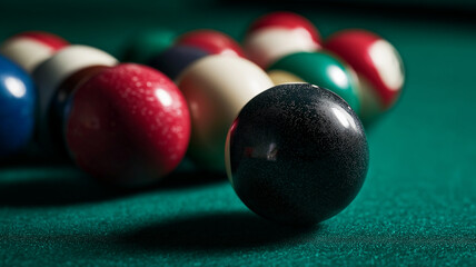 Billiard balls are tightly arranged on a green table, awaiting the start of a thrilling match Generative AI