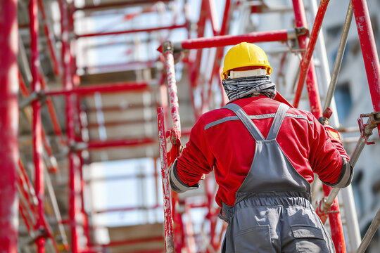 A worker in a helmet is welding a metal frame from scaffolding at a busy construction site Generative AI