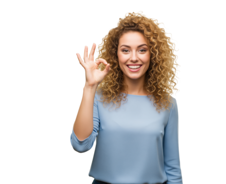 Excellent service result signal as curly haired woman looks toward viewer making ok gesture to reassure high quality assistance in call centers and post purchase satisfaction presentations