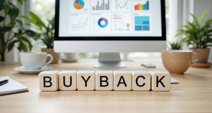 Buyback text on cube blocks placed on analyst desk in front of monitor with performance graphs for explaining corporate share repurchase strategy to investors and business school finance lectures