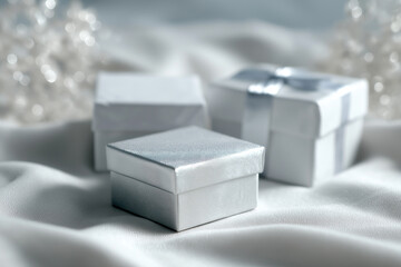 a silver ribbon and two gift boxes 