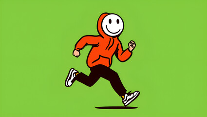 Cheerful anonymous character with a smiley face mask wearing an orange hoodie while running. Simple flat vector illustration for positive and energetic concepts on a green background, Generative AI