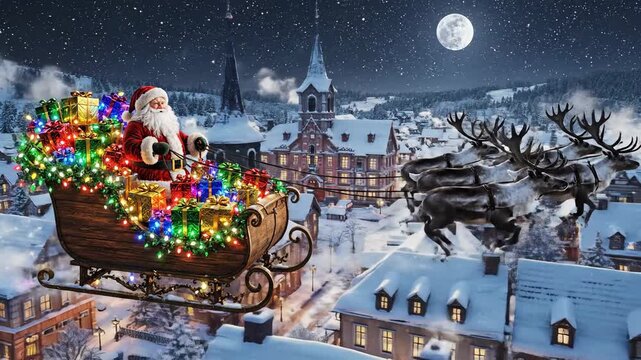 Santa's magical sleigh glides over a snow-covered village at night, bringing holiday cheer and gifts to all