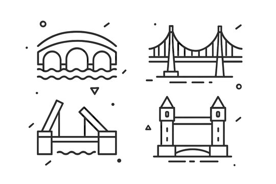 Set of architectural icons showing suspension, arch, and bascule bridge designs