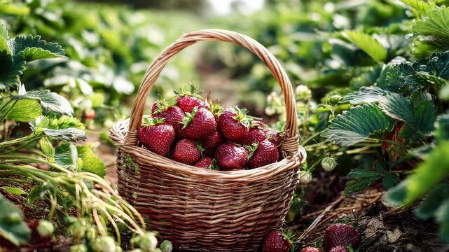 A Woven Basket Filled With Ripe Red Strawberries Sits in a Strawberry Field Bathed in Soft Sunlight