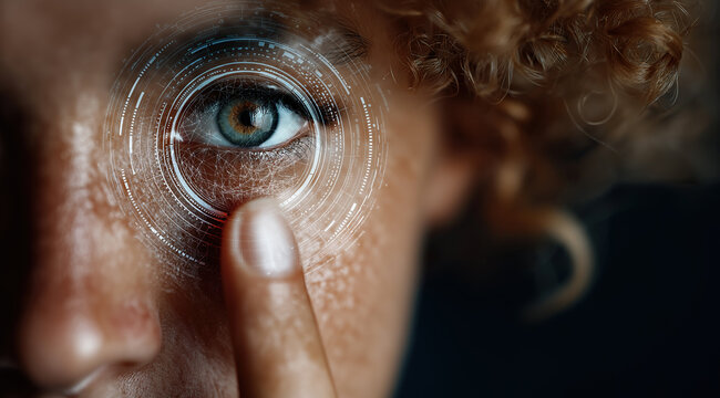 Blue eye with digital scanning interface showcasing futuristic biometric technology.