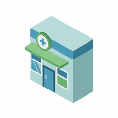 Isometric Minimalist Pharmacy Building Structure Facade Exterior Architecture