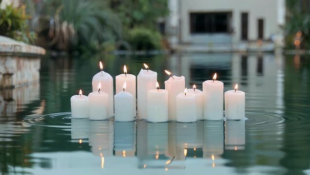 Serene 4K close up of a floating arrangement or bouquet of white candles gently floating on the surface of the water effectively radiating a soft and beautiful illumination throughout the tranquil