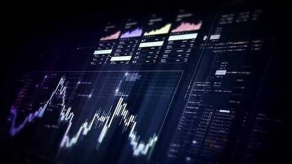 Futuristic financial trading dashboard motion background with glowing charts, analytics interface, stock market graphs, and real-time fintech data visualization design - Powered by Adobe