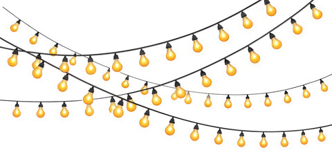 Vibrant yellow glowing light bulbs are elegantly strung across multiple lines, offering a warm festive decoration, ideal for isolated transparent design projects.