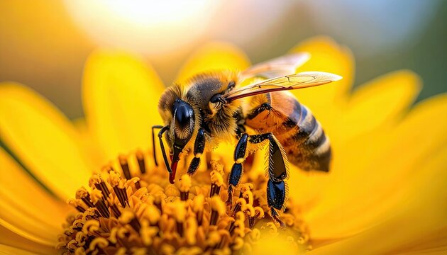A detailed macro shot shows a honey bee with its proboscis extended, gathering pollen from the center of a vibrant yellow flower.