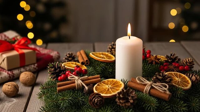 Christmas advent wreath with lighted candle, gift, and walnuts on rustic wooden table for holiday celebration decor.