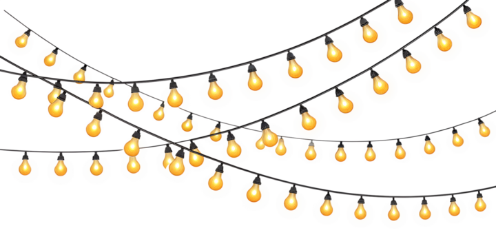 Vibrant yellow glowing light bulbs are elegantly strung across multiple lines, offering a warm festive decoration, ideal for isolated transparent design projects. - Powered by Adobe