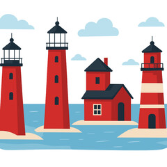 Tall red lighthouses and a small coastal building on sandy islands in the calm blue sea