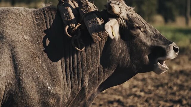 A powerful oxen helps farmers plow the rich soil in a sunny countryside. The team works together in harmony, showing strength and skill in agriculture.