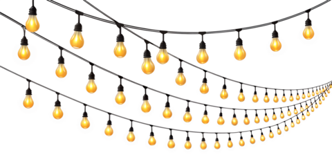 Many warm yellow incandescent light bulbs are strung together, beautifully glowing and hanging in decorative arrays, isolated on a transparent background.