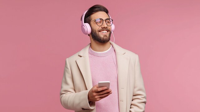 A happy young man in a stylish outfit wears pink headphones while checking his phone Generative AI