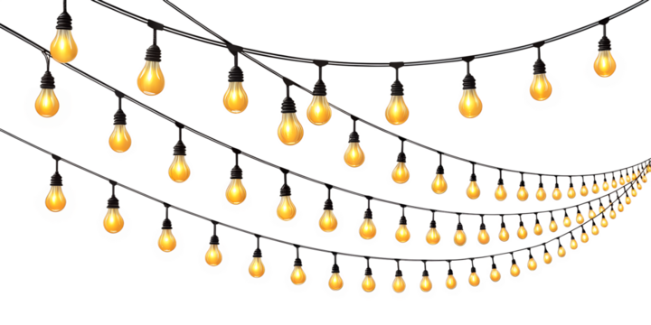 Many warm yellow incandescent light bulbs are strung together, beautifully glowing and hanging in decorative arrays, isolated on a transparent background.